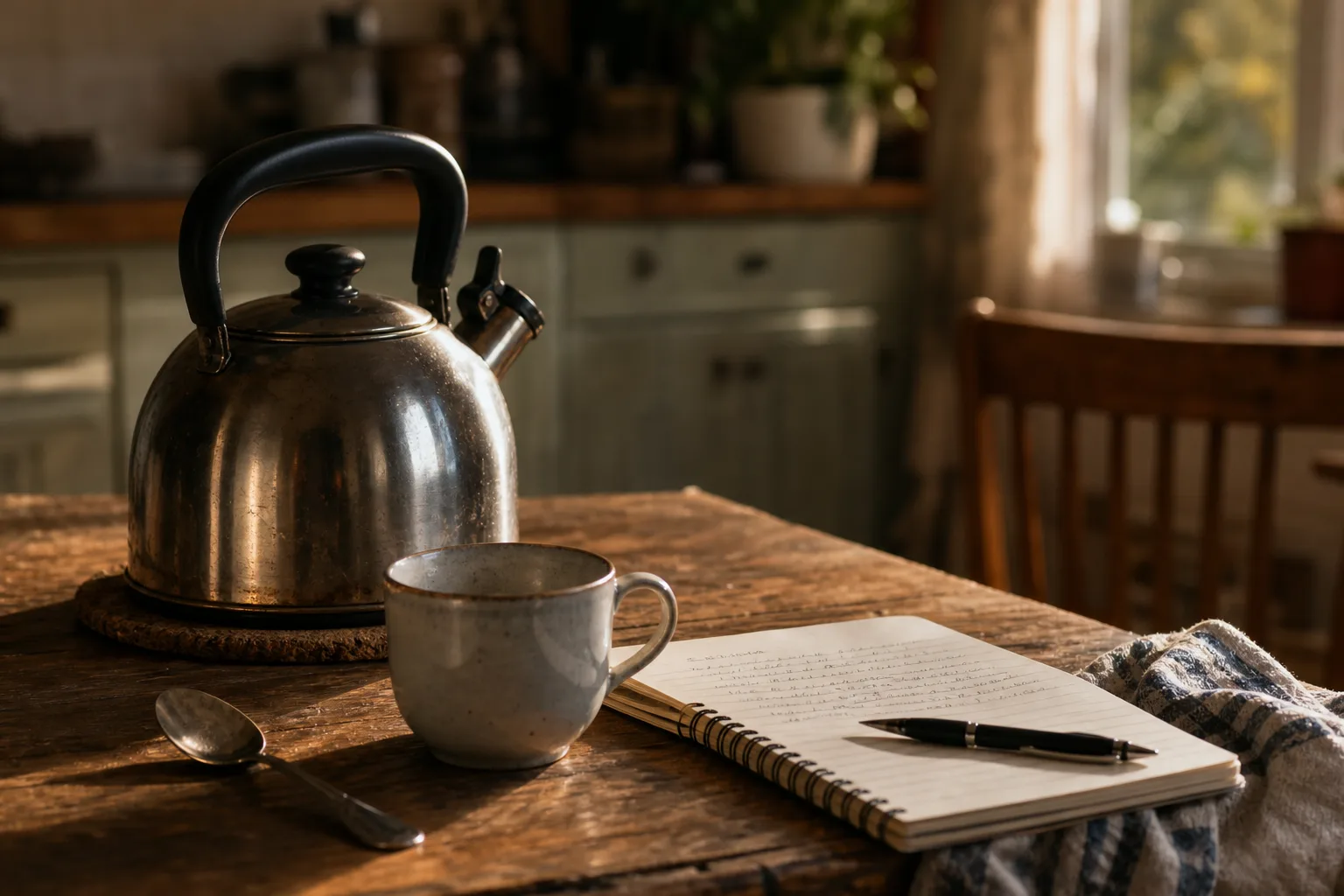 Metal kettle, ceramic mug, spoon, and notebook with a pen on a wooden kitchen table in warm natural light