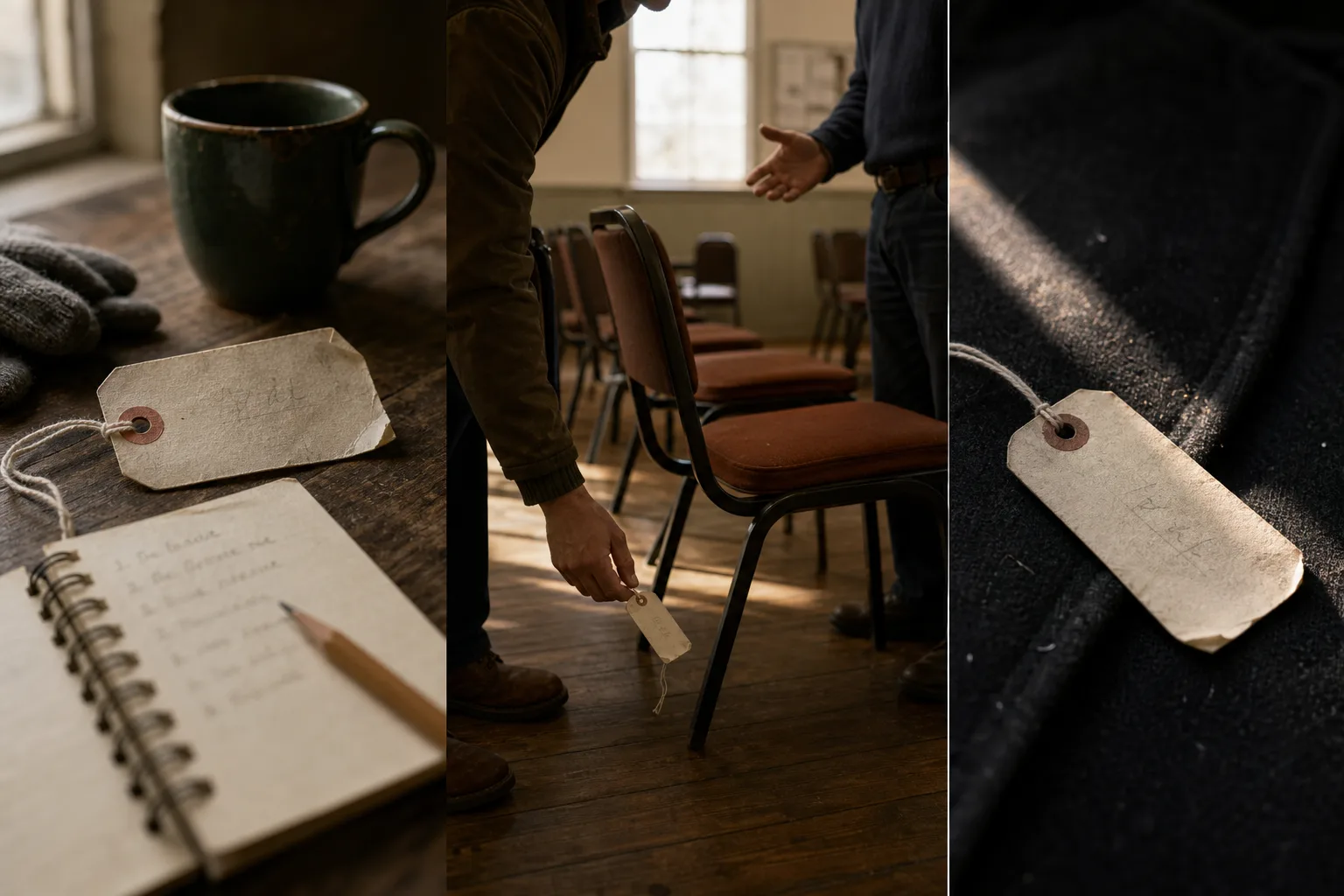 Three views showing a hand placing a vintage paper tag in a rustic room with wooden floors and brown chairs