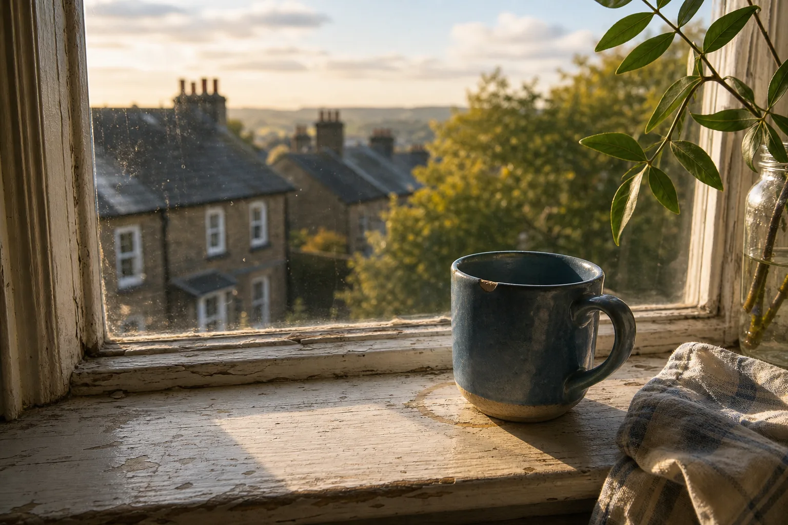 Sunlit windowsill with chipped blue ceramic mug, green leafy branch in glass jar, and striped cloth