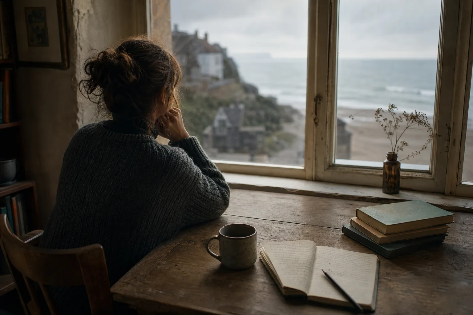 Woman in gray sweater sitting at wooden table looking out window at seaside village